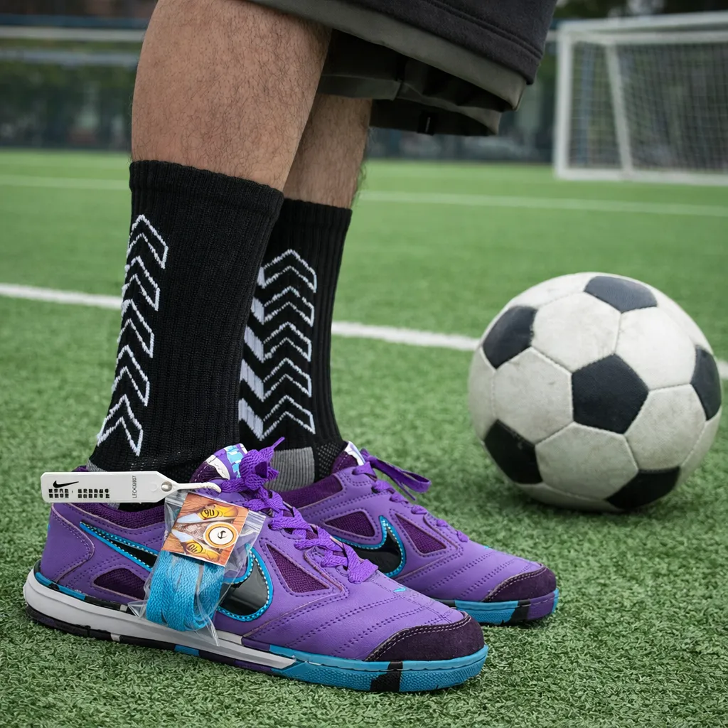 Zapatillas moradas en el campo de fútbol